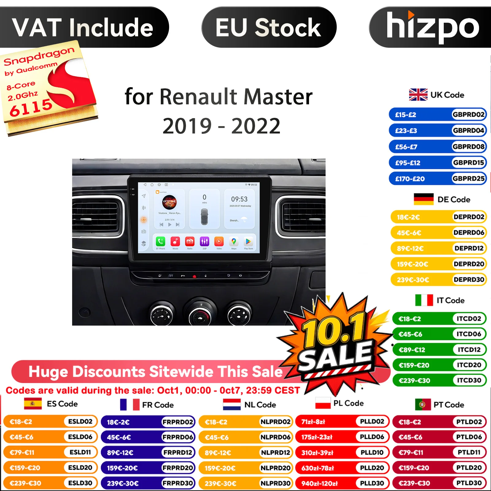 Hizpo Snapdragon Wireless Carplay Android Auto Radio per Renault Master 2019 2020 2021 2022 Lettore multimediale per auto Navigazione GPS