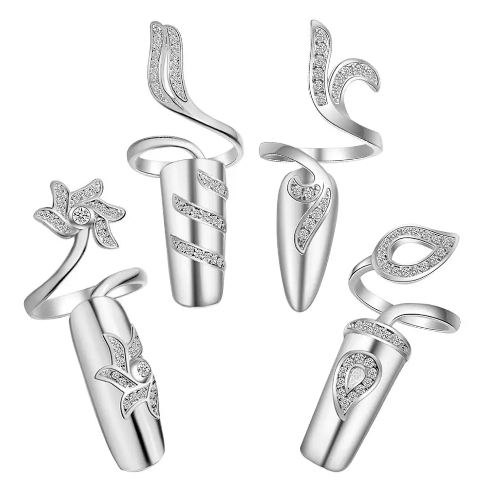 

4 Pcs Nail Rings Rhinestone Decor Elegant Wedding Prom Dating Gifts Adjustable Silver Alloy Non Harmful Healthy Manicure