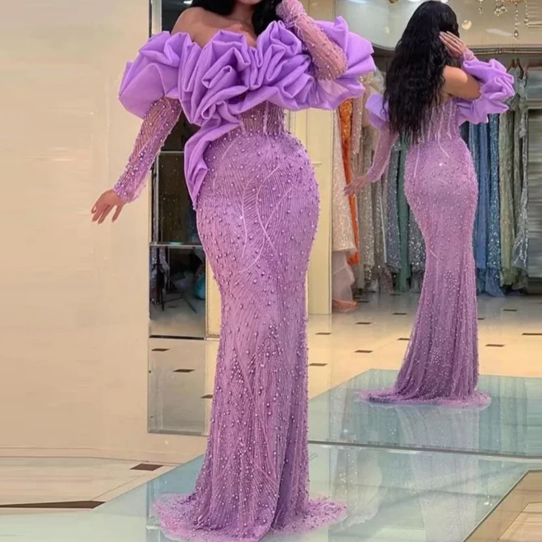 حورية البحر الخزامى حبة ماكسي فساتين رسمية مطوي Ruched الرقبة طويلة الأكمام فساتين رسمية الديكور فستان حفلة موسيقية فاخرة مخصصة