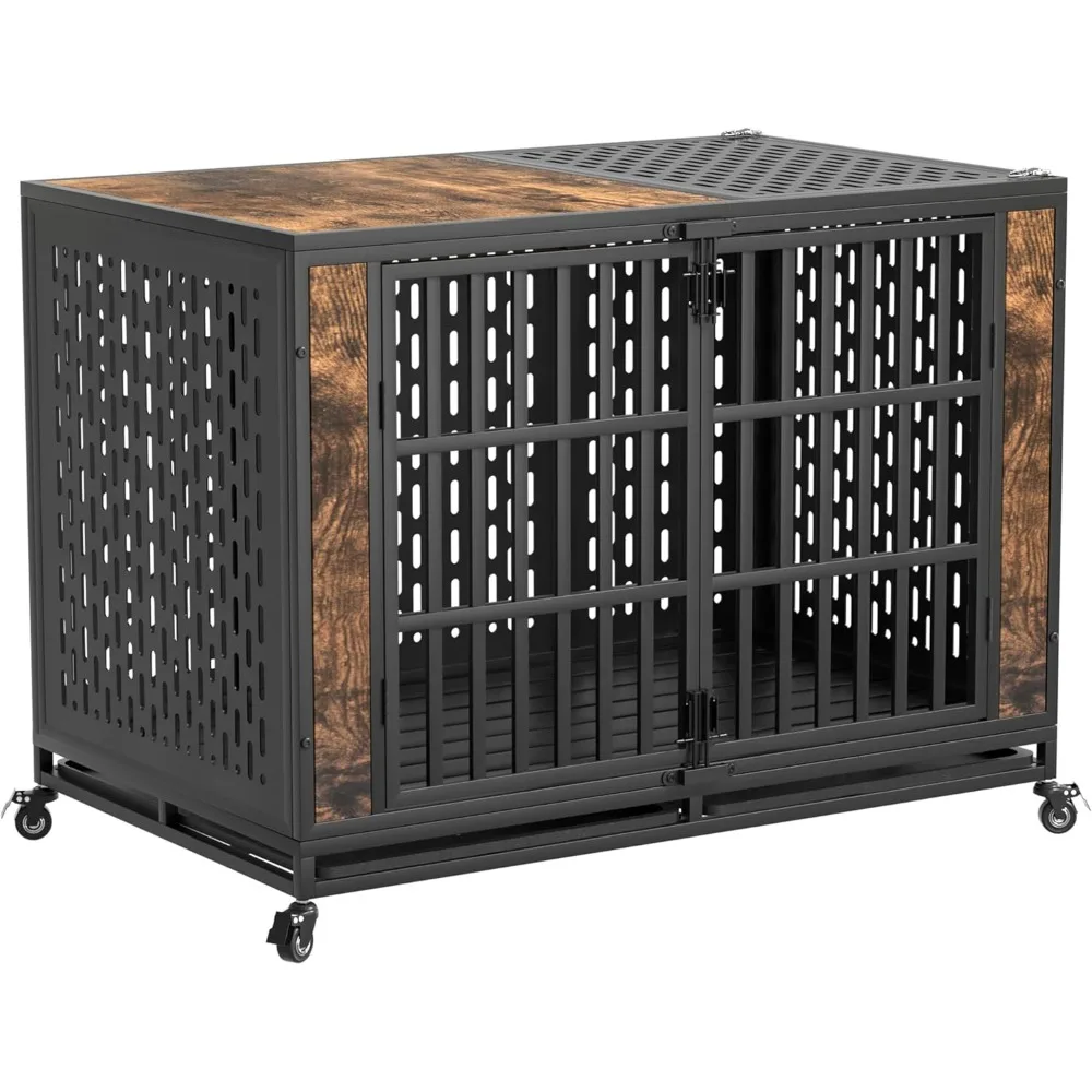 

48inch Heavy Duty Dog Crate Furniture, Escape Proof Large Medium Kennel for High Anxiety Dogs, Indestructible Pet Cage Indoor, R