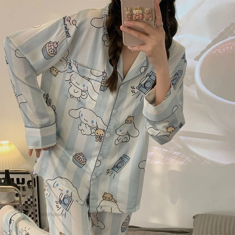 Sanrio Kuromi benim melodi pijama Y2k bahar sonbahar Kawaii Cinnamoroll Pom Pom Purin karikatür uzun kollu ev giysileri takım kadınlar