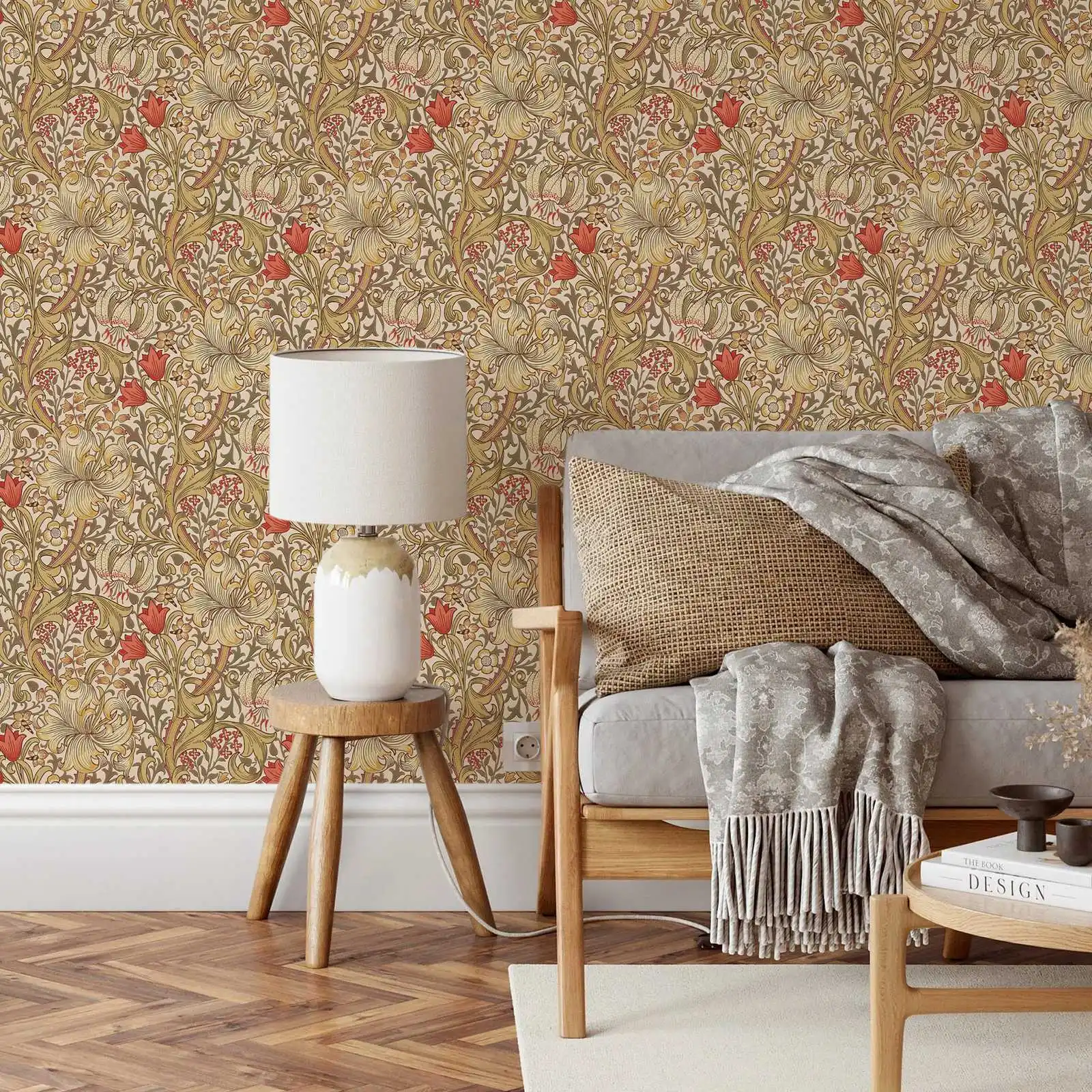 Golden lily Wallpaper in warm beige, Vintage floral Wall paper with handdrawn Green Leaf Designs for Home Decoration