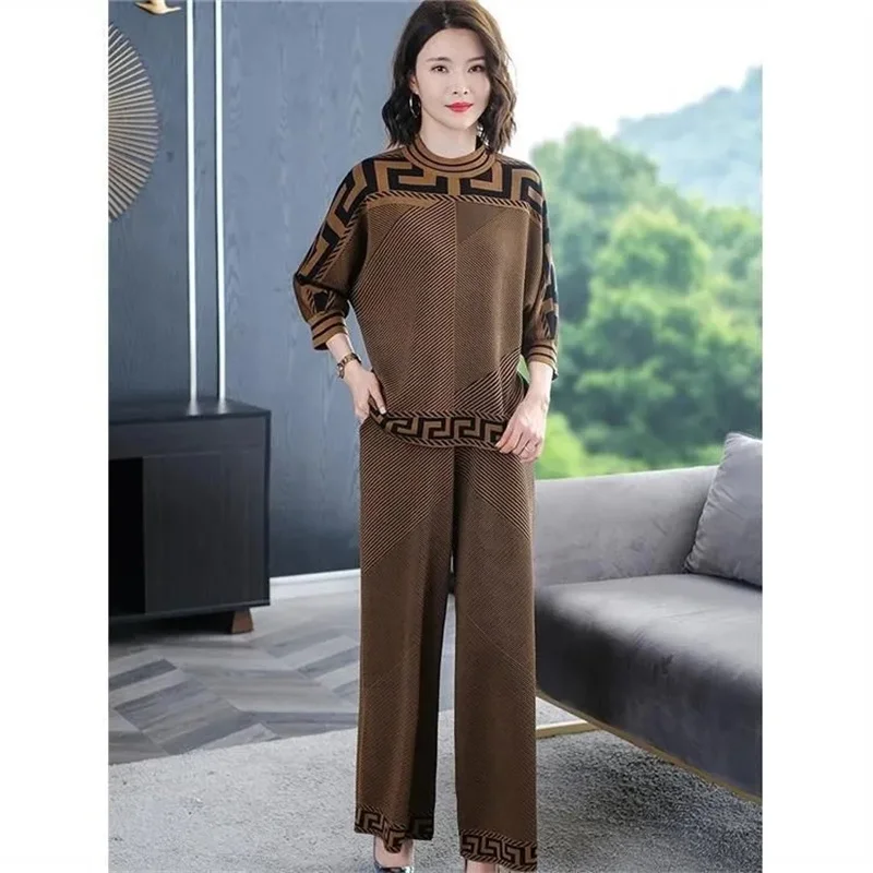 Ice Hemp Leisure Fashion Wide-leg Pants Set Women's 2025 New Loose Slim Long-sleeved Ice Silk Knitted Two-piece Suit Lady