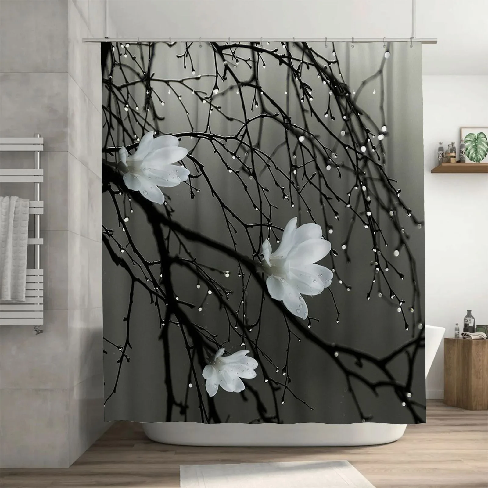 

White Flowers on Branches Design Waterproof Shower Curtain Heat Resistant Machine Washable Non-Transparent 180x180cm