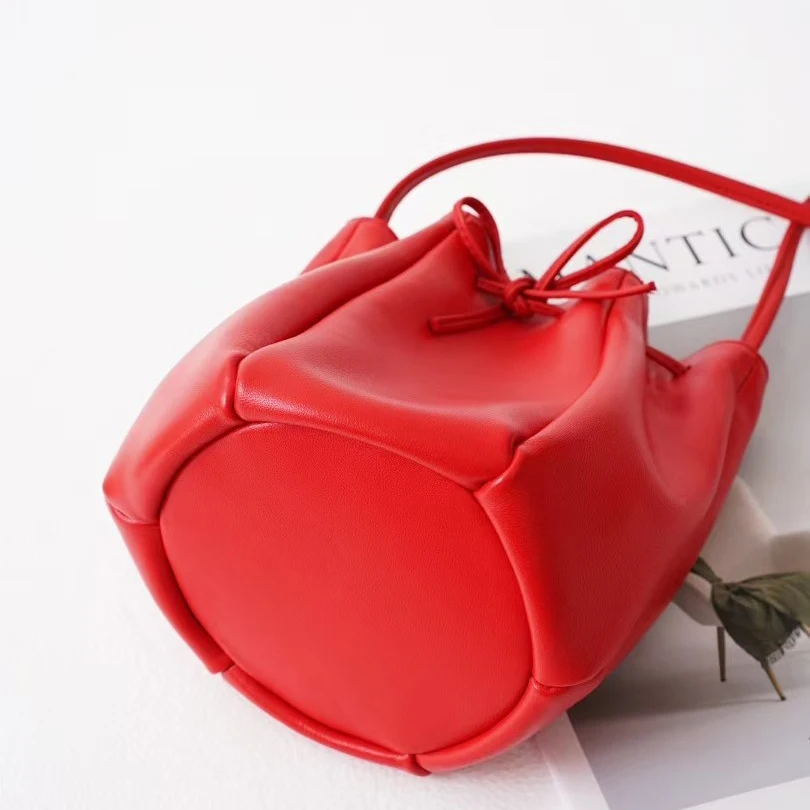 Sheepskin drawstring bucket bag 2025 new spring niche design genuine leather shoulder bag soft women's mini yellow crossbody bag - Image 6