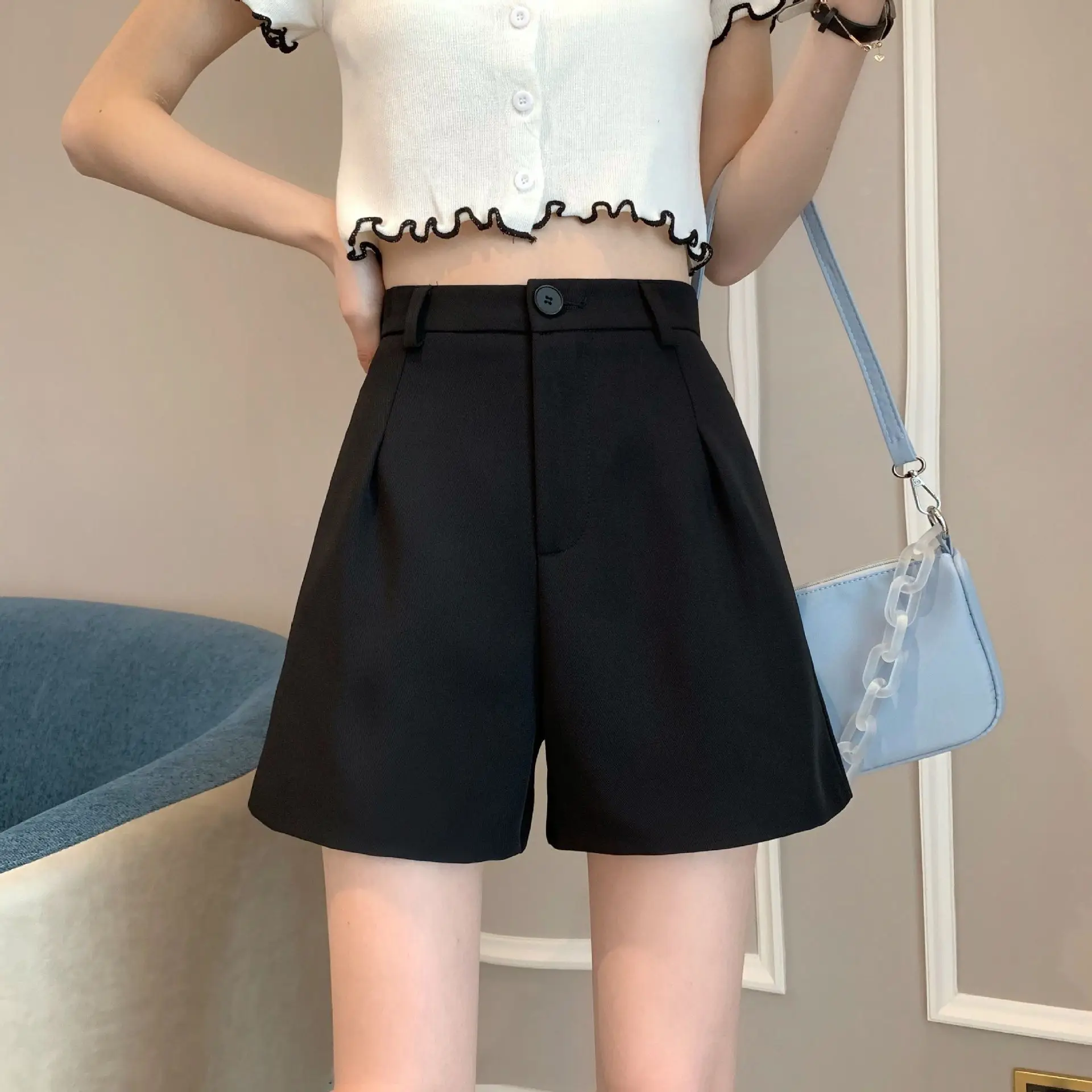 Black A-Line Casual Hot Pants Women's Summer New plus Size Wide Leg Pants High Waist Outerwear Versatile Polyester Shorts