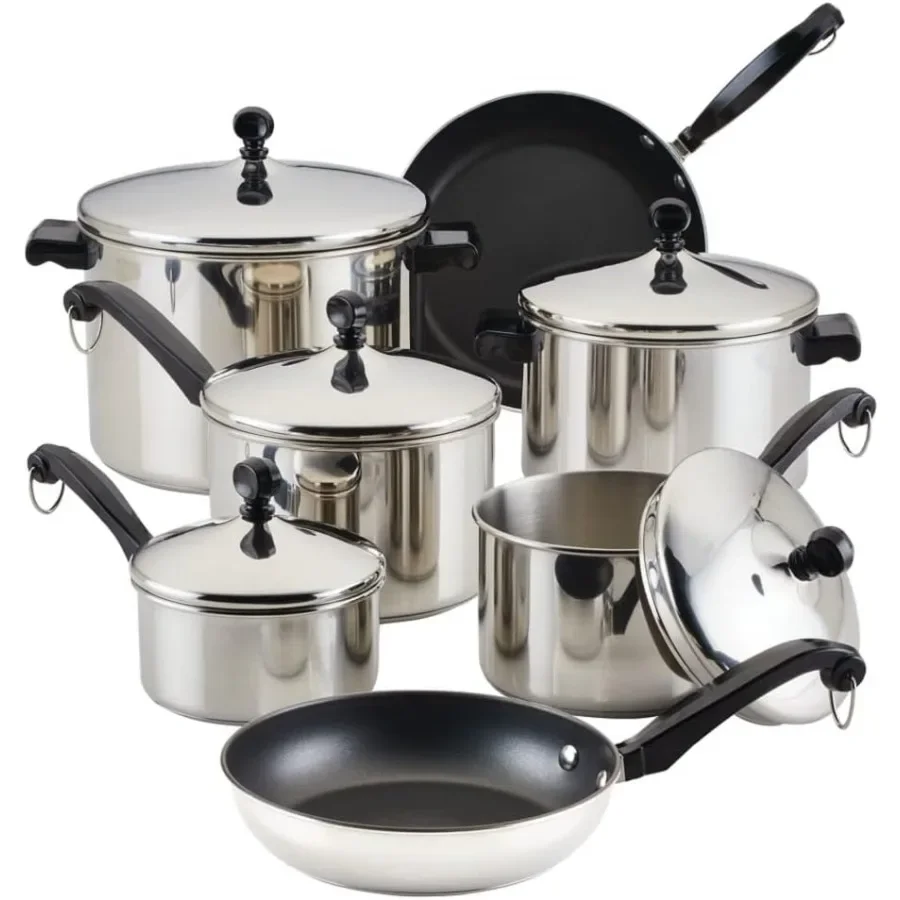 15-Piece Premium Stainless Steel Pots and Pans Cookware Set, Heavy Duty Kitchen Cooking Set, Even Heat Distribution Compatible with All Stovetops