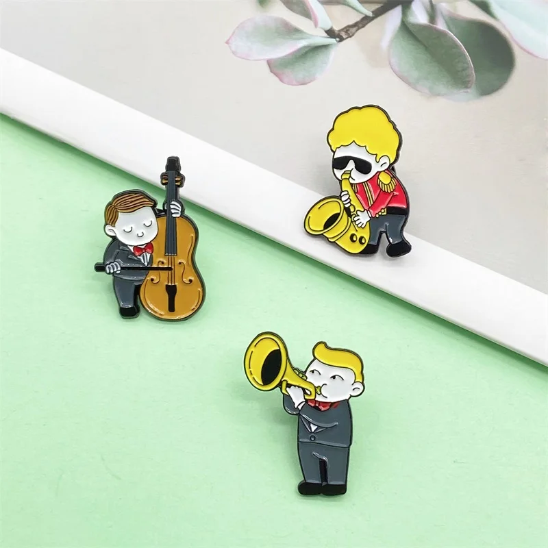 Cartoon Petite Music Series Cellist Saxophone Player Trumpet Player Playing Metal Enamel Brooch Fashion Badge Pin Jewelry Gift