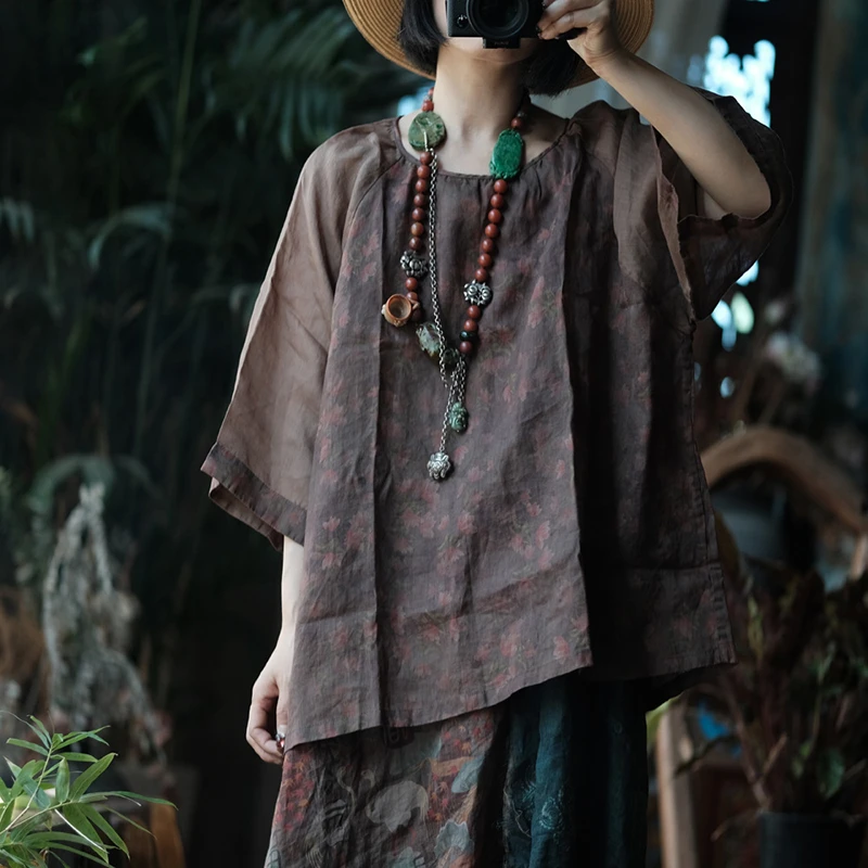 

100% Linen Women Casual T-shirt New Arrival 2025 Summer Vintage Style O-neck Floral Print Loose Female Tops Tees M1945