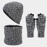 men women winter hat snood gloves set 3pcs striped knitted plush lining fleece-lined winter beanies unisex