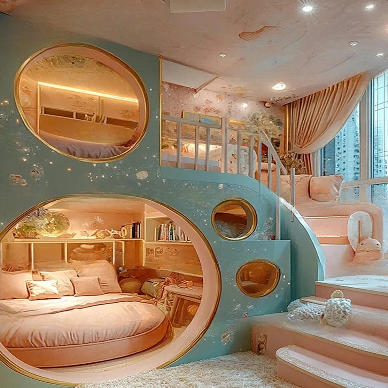 Cielo cama para niños casa en el árbol superior e inferior b ed escalera giratoria segundo piso padre-niño b ed