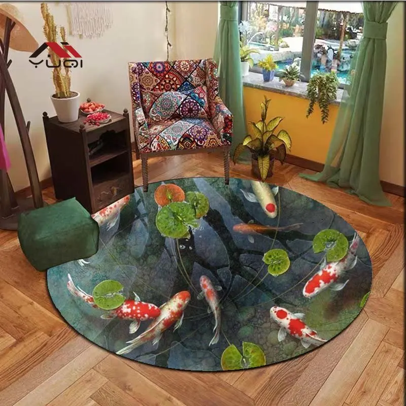 Koi Real Fish Pattern Round Carpet for Living Room Rugs Carpet Soft Non-slip Floor Mat for Bedroom Carpet Tapis 5 Sizes