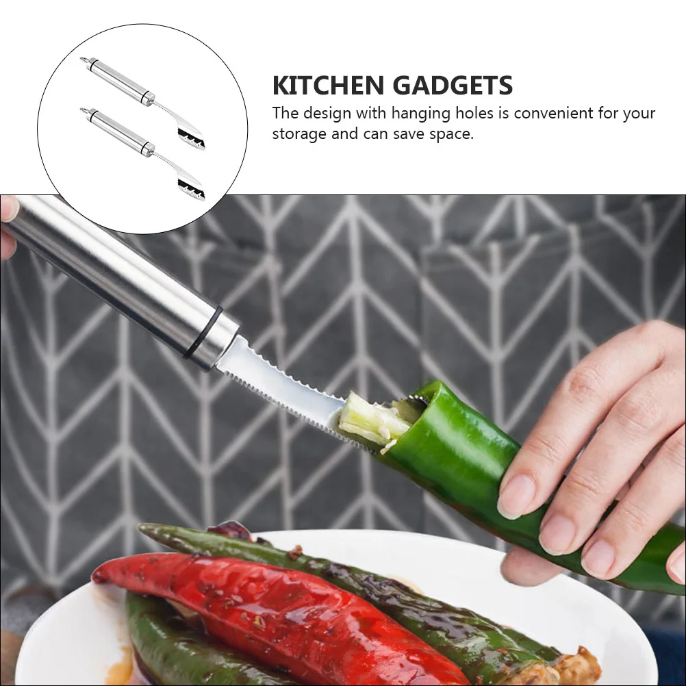 2 pezzi in acciaio inossidabile pepe corer rimozione seghettato gadget da cucina per peperoncino jalapeno campana rimozione semi di pepe gadget da cucina