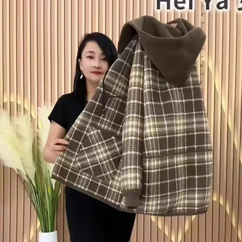 

Middle-Aged Mother Woolen Coat Women New Outerwear Autumn Winter 2025 Hooded Double-Sided Jacket Houndstooth Cardigan Ladies Top