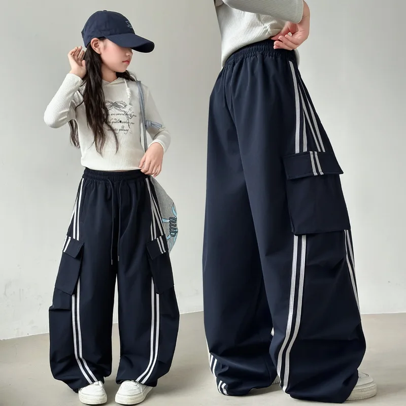 

Girls' Fashion Cargo Pants with Side Stripes Autumn New Arrival Teens Kids Loose Wide Leg Sweatpants Children's Casual Trousers