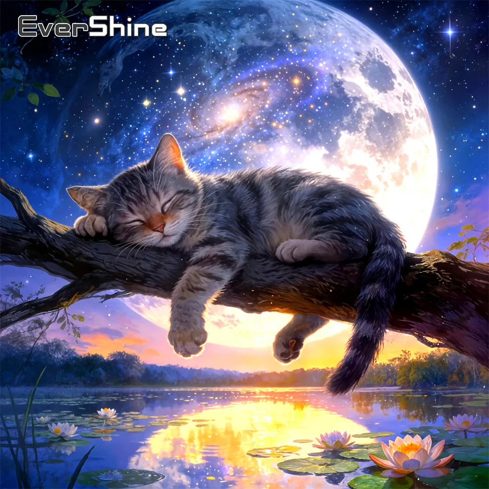 Evershine Voll-Diamant-Malerei mit Tiermotiv, Katze, geeignet für Anfänger, Stickerei, Mond, Diamant-Mosaik, Tocus, DIY, handgefertigtes Hobby
