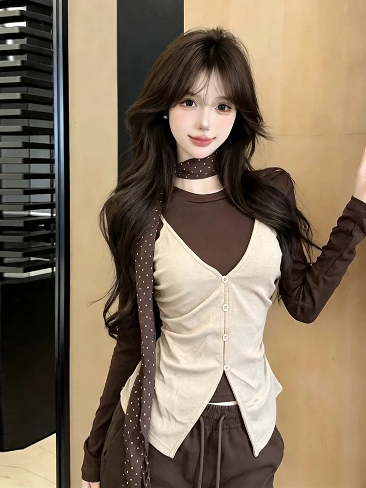Slim Fit Color Block Long Sleeve T-Shirt round Neck Design Sensation Fake Two-Piece Style Fashion Retro with Scarf for Women