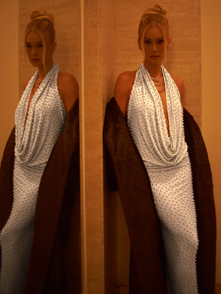 Fashion Party Glamour White Beaded Halter Open-Back V-Neck Sexy Evening Gown Nightclub Galas Maxi Dress