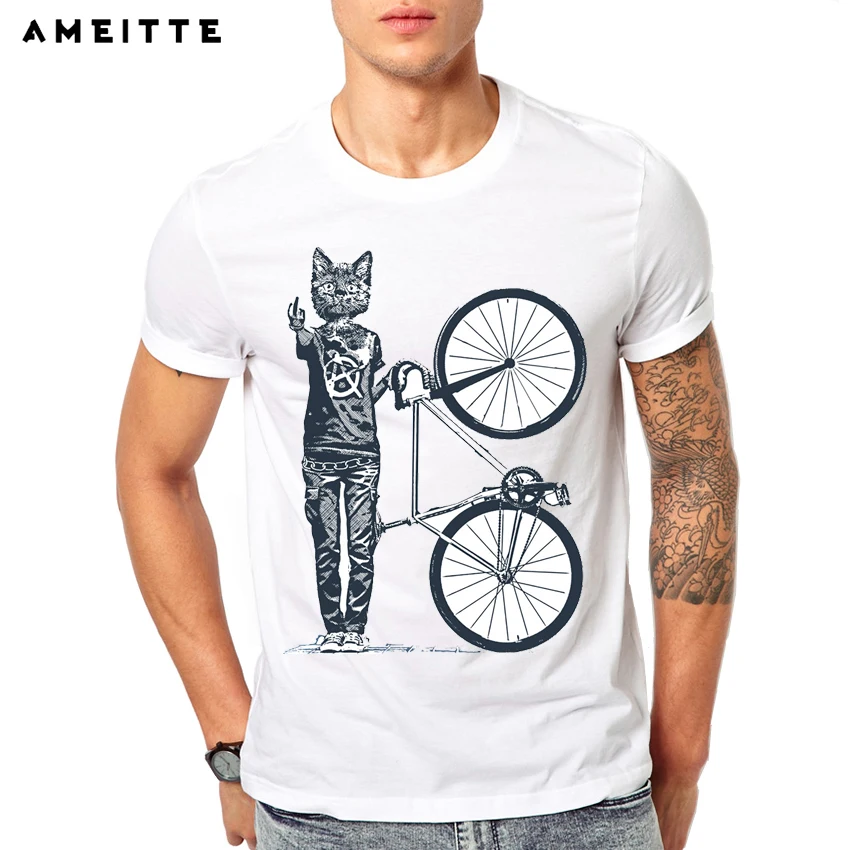 Fixie Fixed Gear Bicycle Cycling Cat Punk Rider T-Shirt New Summer Men Short Sleeve Funny Bike Sport White Casual Boy Tees Tops