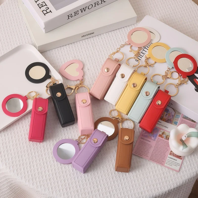 High quality latest portable lipstick storage box, round mirror design, synthetic leather