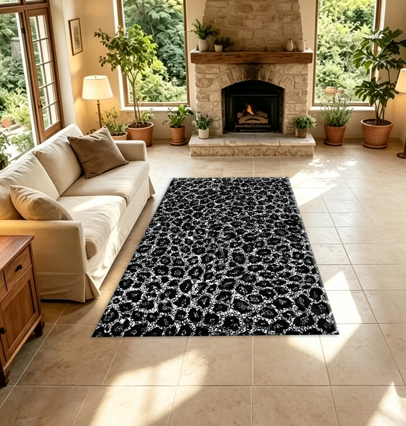 Black and White Leopard Print Carpet, Classic Animal Skin Pattern Non-Slip Floor Carpet, Suitable for Living Room, Bedroom, and Home Decoration
