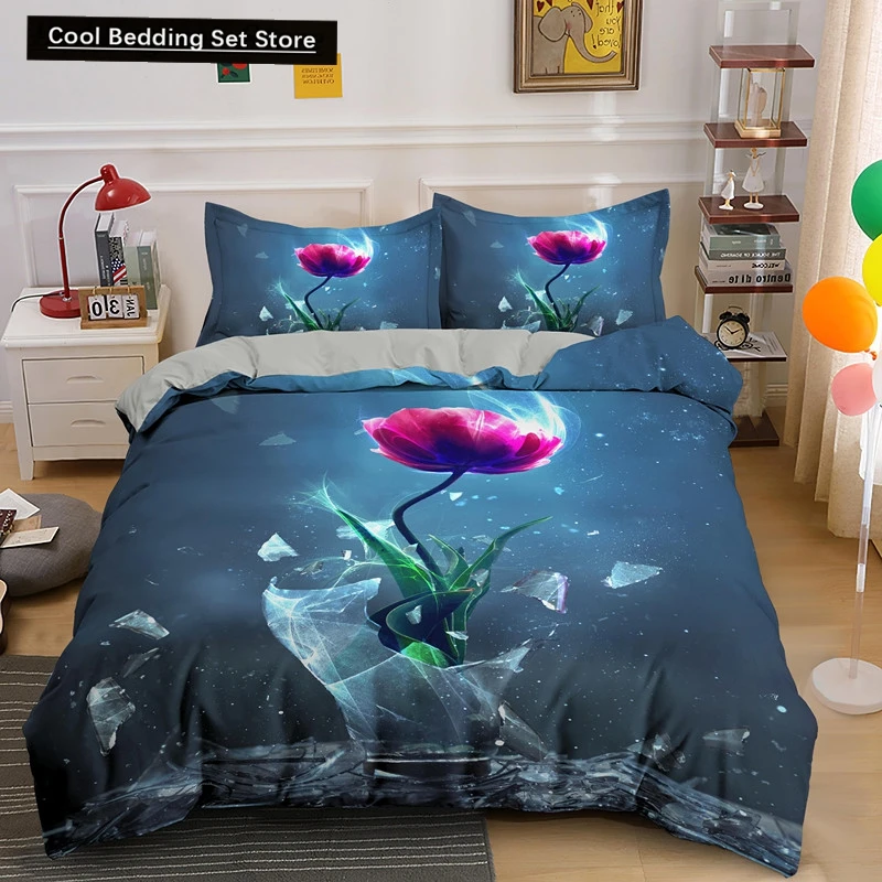 Red Rose King Queen Duvet Cover Romantic Flowers Bedding Set for Kids Teens Adults Girly 3D Floral Black Soft 2/3pcs Quilt Cover