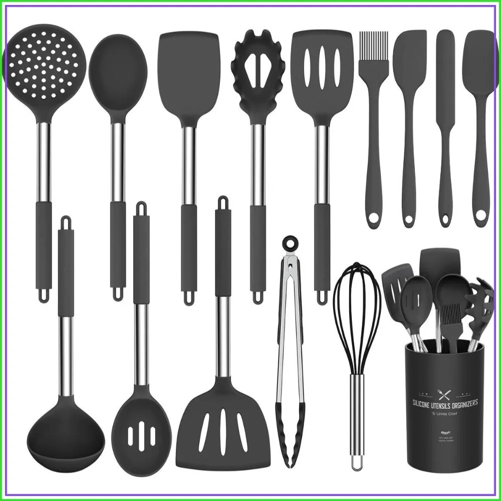 

Silicone Cooking Utensil Set, 15pcs Kitchen Utensils, Non-stick Cookware with Stainless Steel Handle, Black