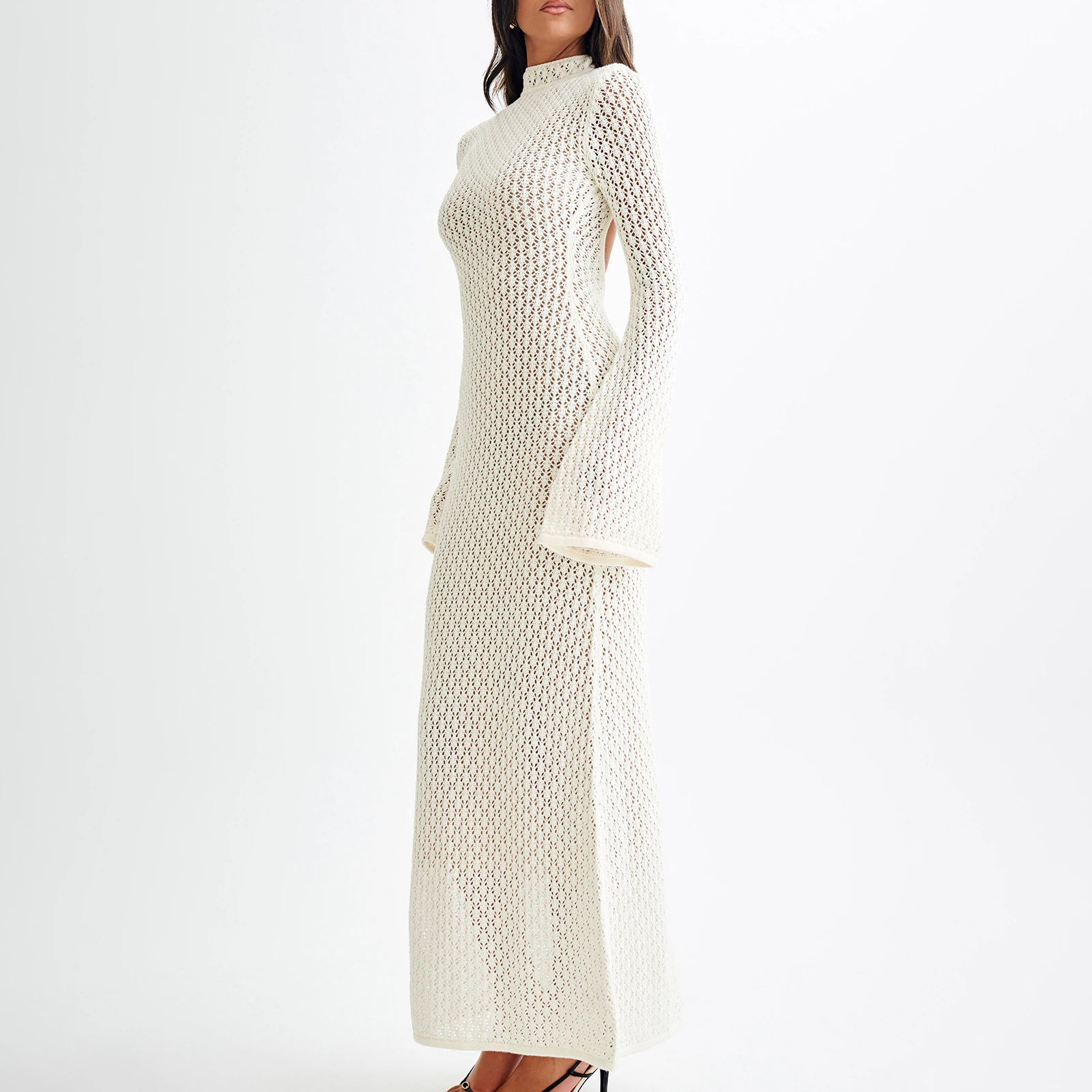 Combhasaki Women's Beach Vacation Long Sleeve High Turtleneck Backless Knitted Hollow Out See-through Long Dress Club Streetwear