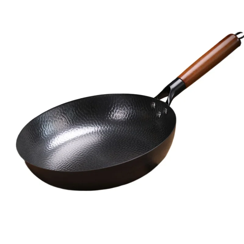 30cm Frying Pan Cast Iron Pan Uncoated Kitchen Cookware with Anti-scald Wooden Handle for Gas Stove Induction Cooker