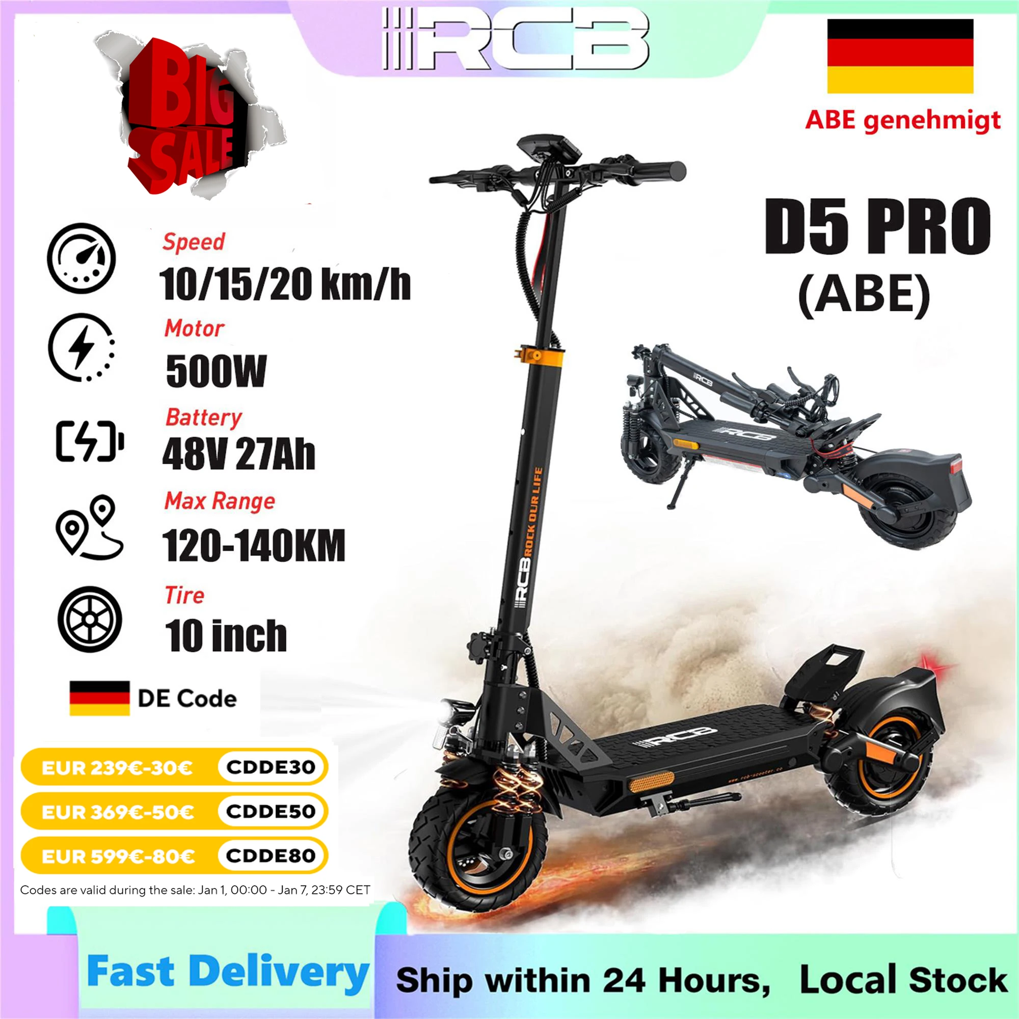 RCB D5 PRO (ABE) Electric Scooter, 120-140 km Range, 48V 27 Ah Battery,500W Motor, 10 In Flatproof Tyres, Dual Shock Absorption