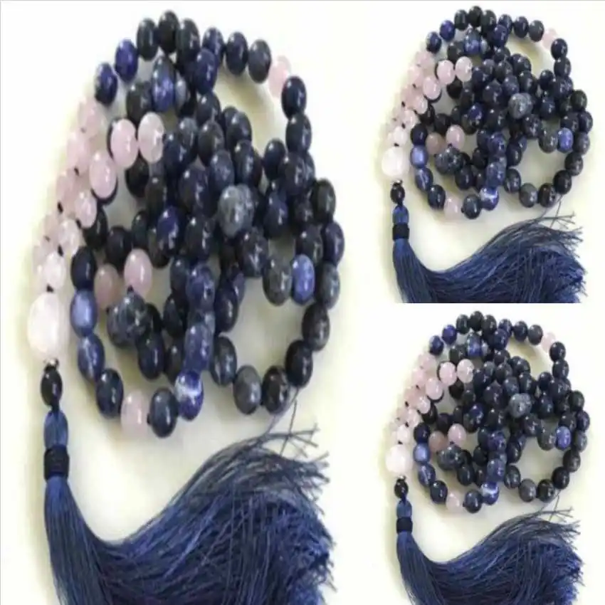 

8mm Natural 108 knot blue sodalite pink crystal beads necklace Trendy Bridal Hipster Men Spiritual Choker Yoga Mala Opera length