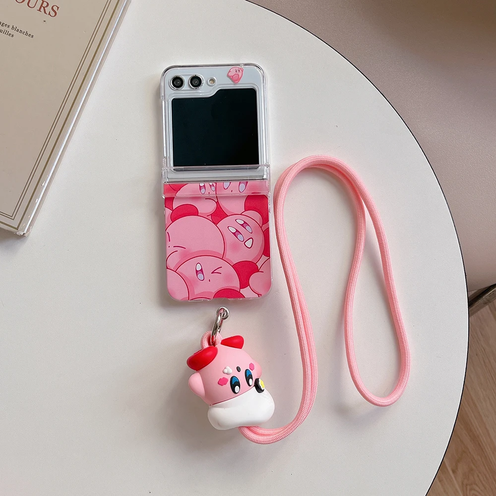 Capa de telefone rosa bonito Kirbies com cordão para Samsung Galaxy Z Flip, capa traseira dura anti-queda, desenhos animados, PC, 3, 4, Z Flip 5, 5G