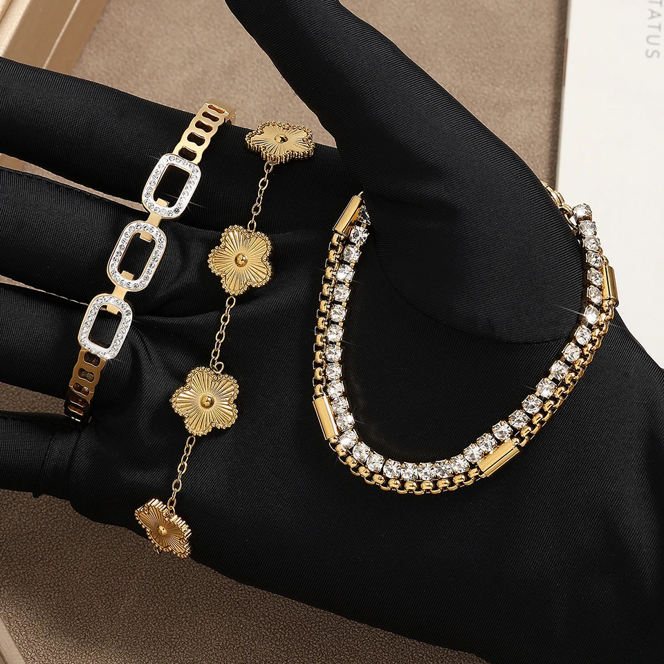 ZAKOL 3Pcs Gold Color Stainless Steel Stacked Bracelet Bangles for Women Geometric Five-Leaf Flower Zircon inlaid Bracelet Gift image 5