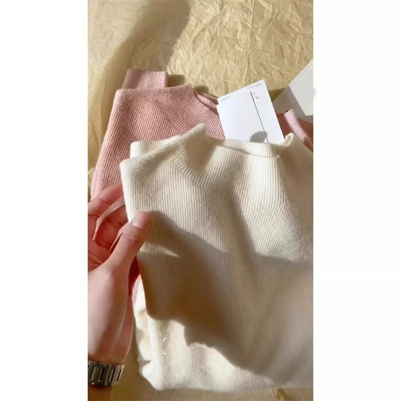 

Soft Cozy Long Sleeve Knitted Base Shirt Women's Stand Collar Fufu Winter Sweater Autumn Simple Top Inner Wear Commute Style ...