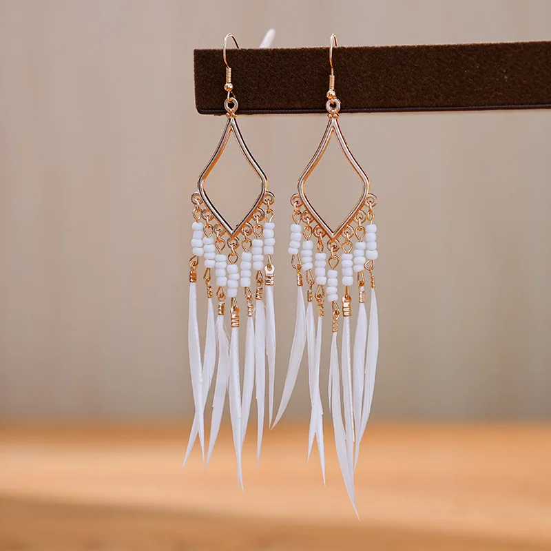 Bohemian Elegant Feather Earrings For Women Ethnic Tassel Beads Long Drop Earring Girls Boho Summer Ear Jewelry Accessories