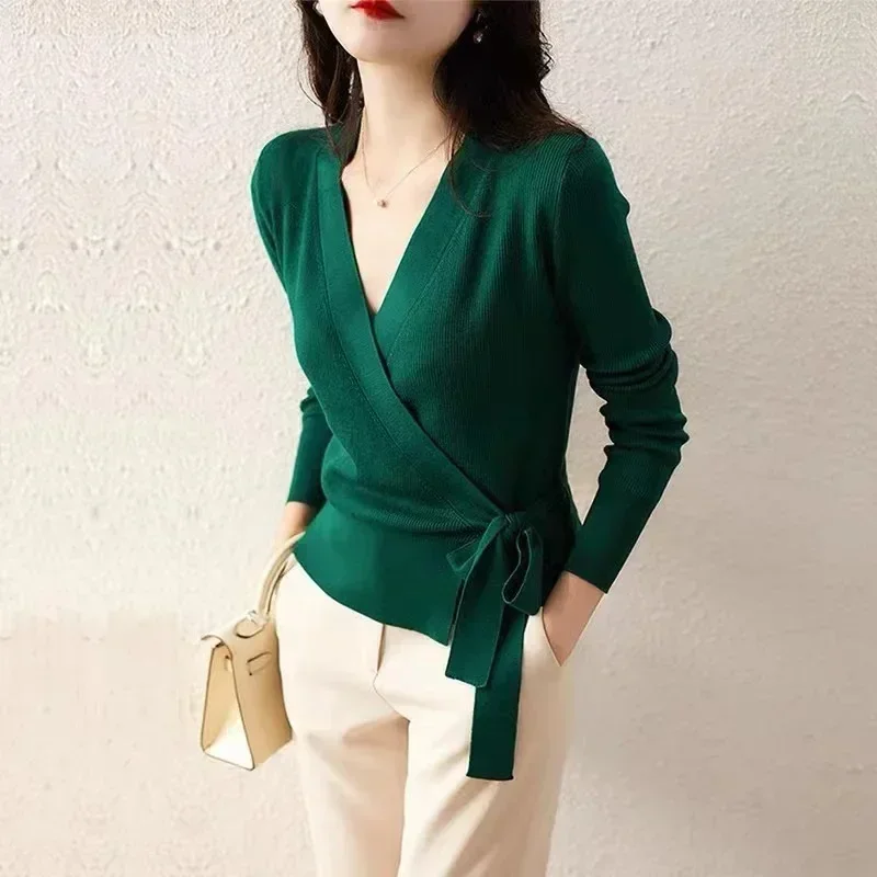 

Elegant Sweater Long Sleeve Solid Color temperament Tops New Spring Knitted Slim Women Cardigan V-neck Lace Up Waist Design