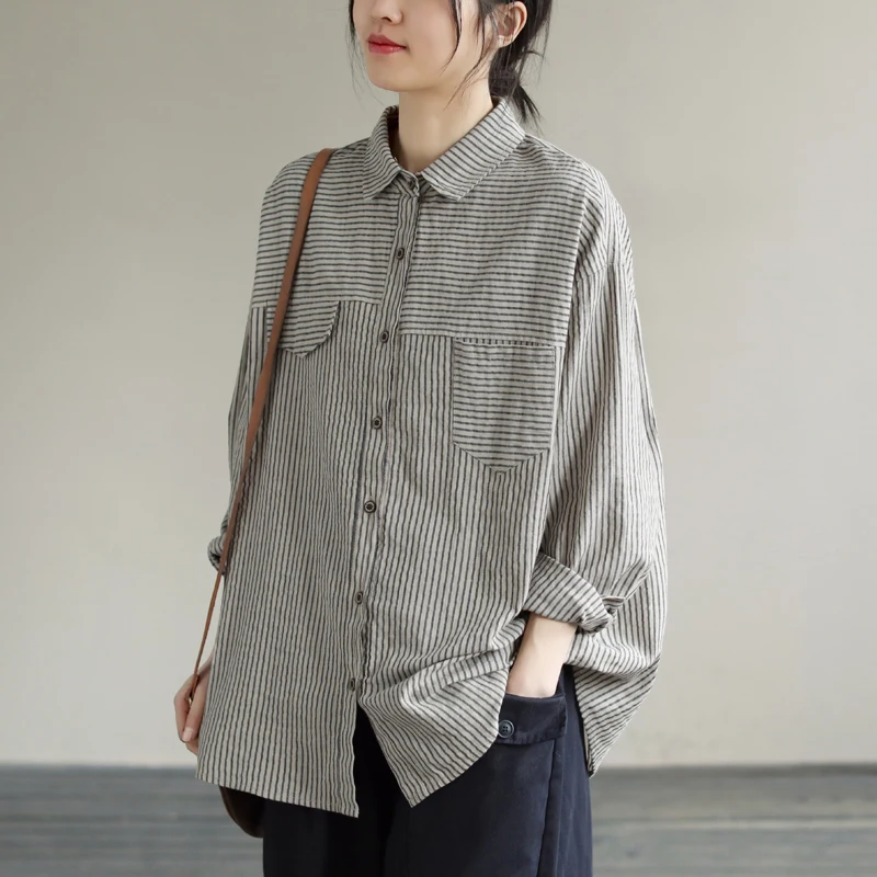 

Повседневный женский длинный топ в полоску из хлопка и льна в Корейском стиле с художественным воротником и пуговицами