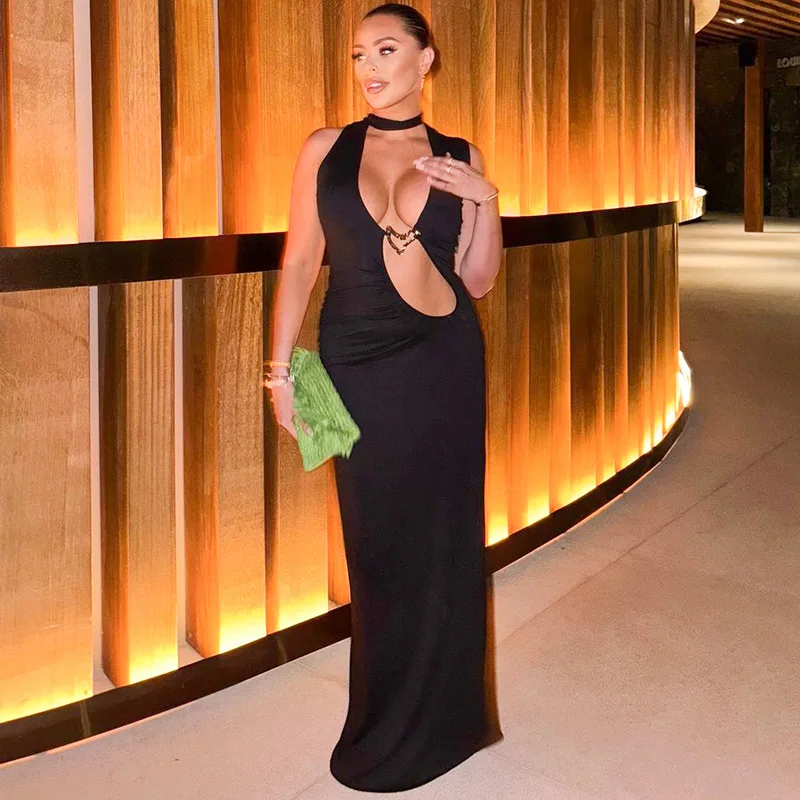 Cryptographic embelezado mergulho halter v pescoço maxi vestido roupas para mulheres clube festa sexy corte bodycon vestidos vestido robes