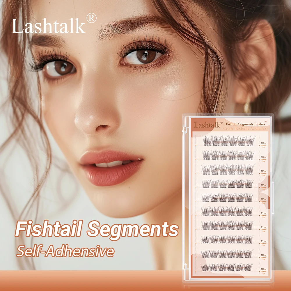 Lashtalk Fishtail Segments Lashes Self Adhesive DIY False Eyelash No Glue Remover Needed One-Step Reusable Pre-Glued 60 Clusters