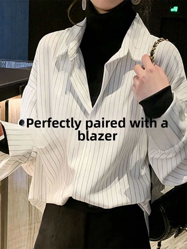 

White Stripe Shirt Women's Spring Fashion Fake Two-Piece Top Inner Match Base Shirt Korean Style Loose Fit Long Sleeve C...
