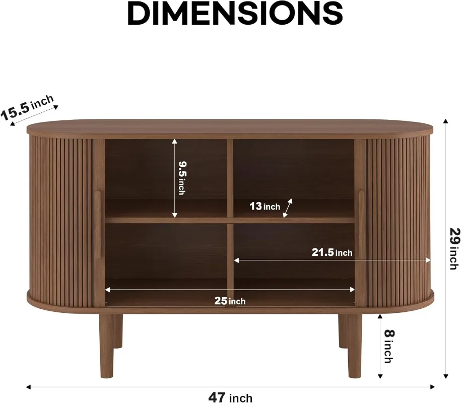 47'' Sideboard Tambour Storage Cabinet, Buffet Cabinet with Storage, Storage Cabinet with Tambour Sliding Doors and Handles, Flu