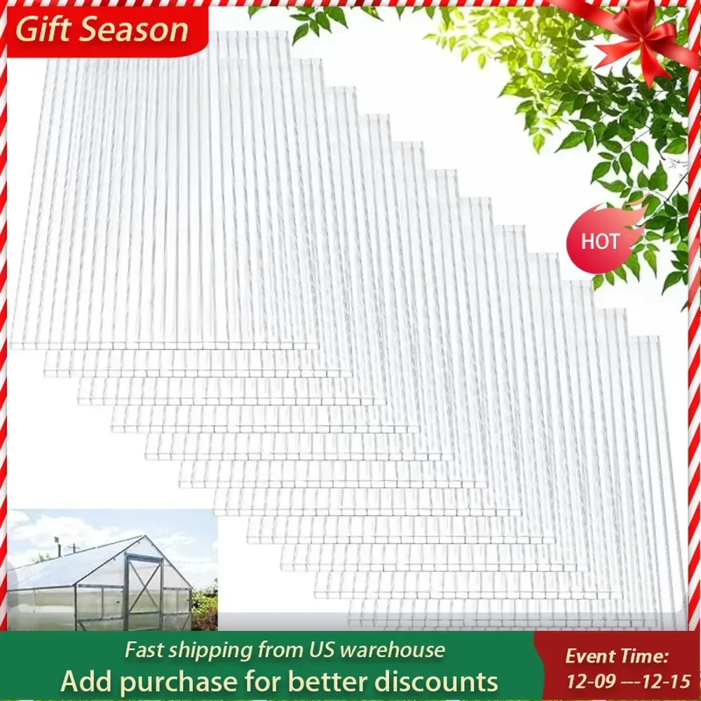 12 Pack Polycarbonate Greenhouse Panels Polycarbonate Sheets Twin-Wall Roof Panels Waterproof UV Protected Clear Corrugated