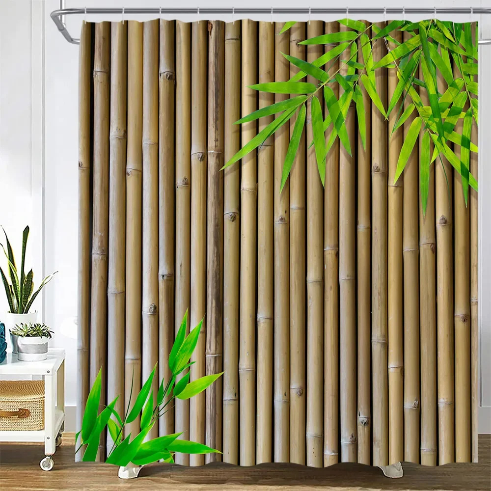 Brown Bamboo Shower Curtains Green Leaves Plant Spring Garden Scenery Wall Hanging Modern Fabric Bathroom Decor Bath Curtain Set