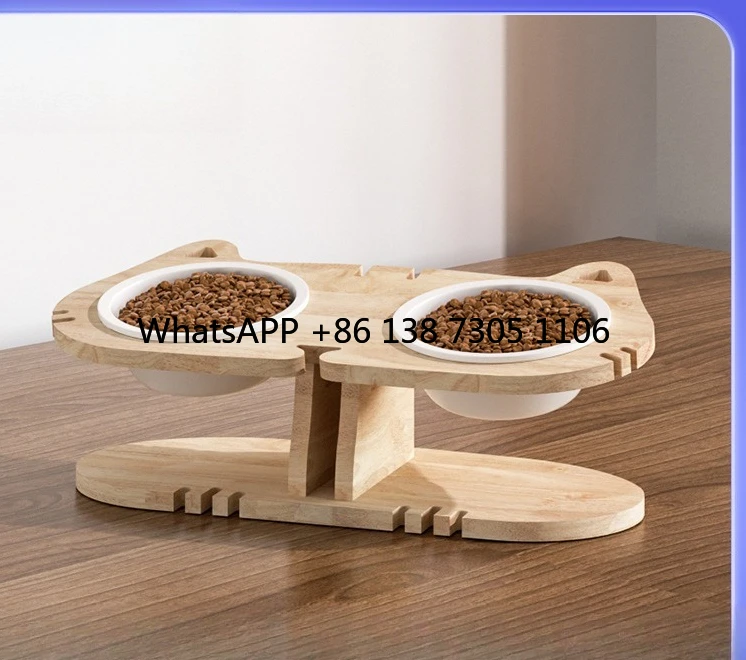 

Ceramic cat bowl, pure solid oak products, tilted neck protection, anti-knock cat food basin, pet cat