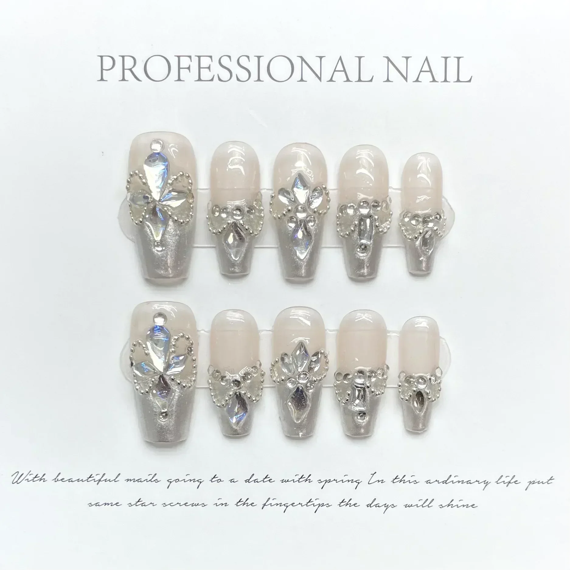 10Pcs Glitter Handmade Press On Nails Diamond Design Fake Nails Full Cover French Coffin Manicure Wearable Artificial Nails Tips