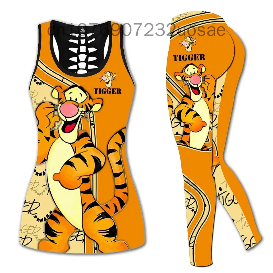 

2024 Disney Tigger Women Book Hollow Vest + Women Leggings Yoga Suit Fitness Leggings Sports Suit Tank Top Legging Set Outfit