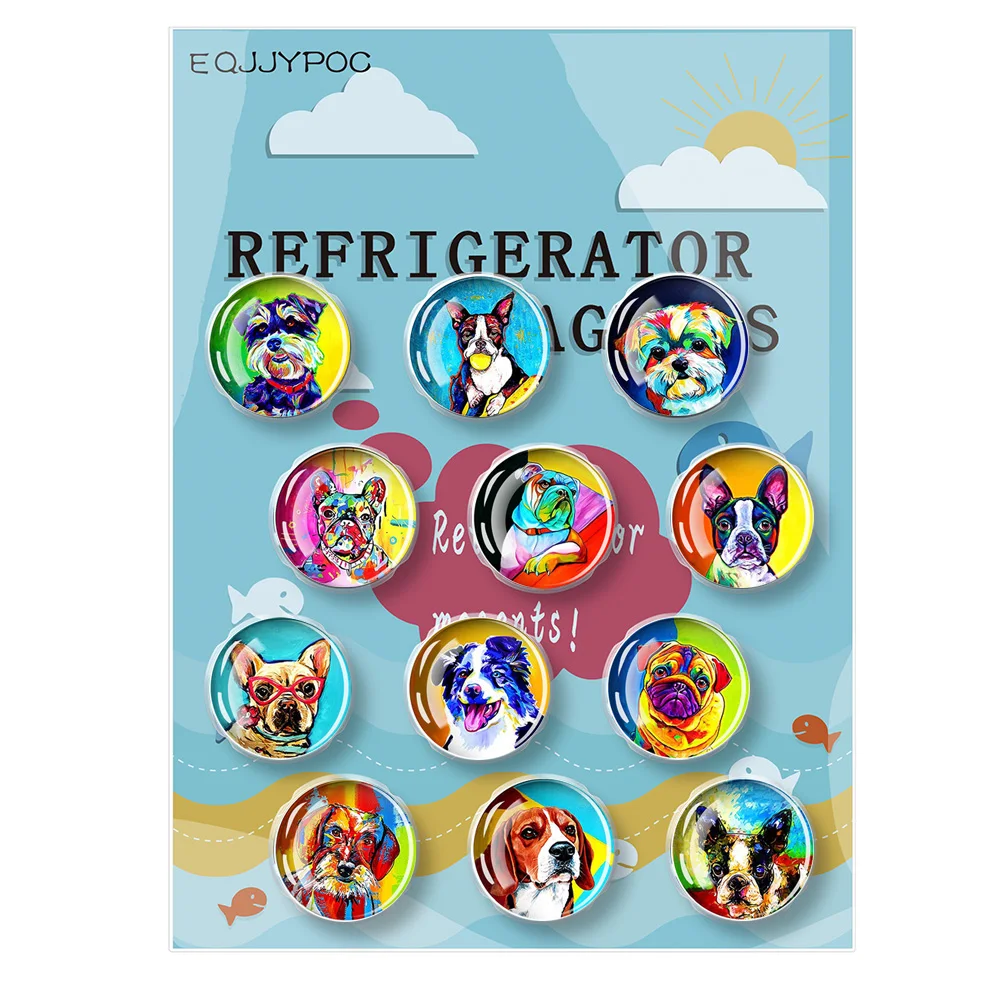 

Colorful Dog Fridge Magnet Art Sticker Glass Dome Magnetic Note Holder for Refrigerator Decoration Home Decor 12 PCs/Set 30mm