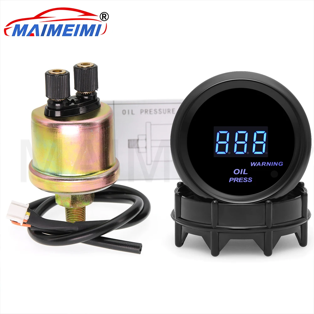 

52mm Oil Pressure Gauge+1/8NPT Oil Press Sensor Blue LED Backlight 0-150PSI Oil Press Meter with Warning for Car 12V