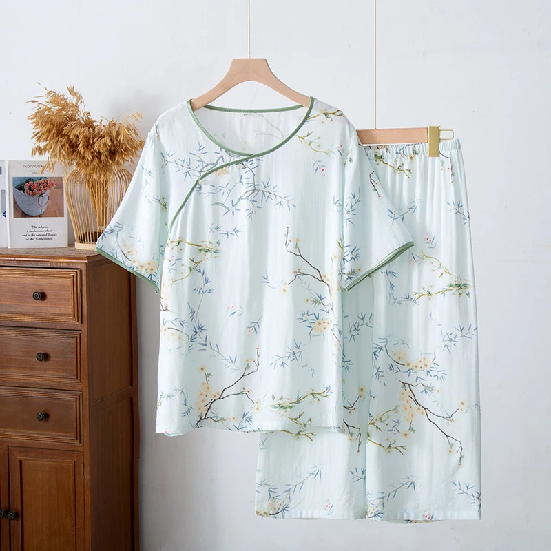 Bamboo Fiber Pajama Set for Women, 2-Piece New Chinese Style Sleepwear, Short Sleeve & Cropped Pants, Breathable & Soft, Summer