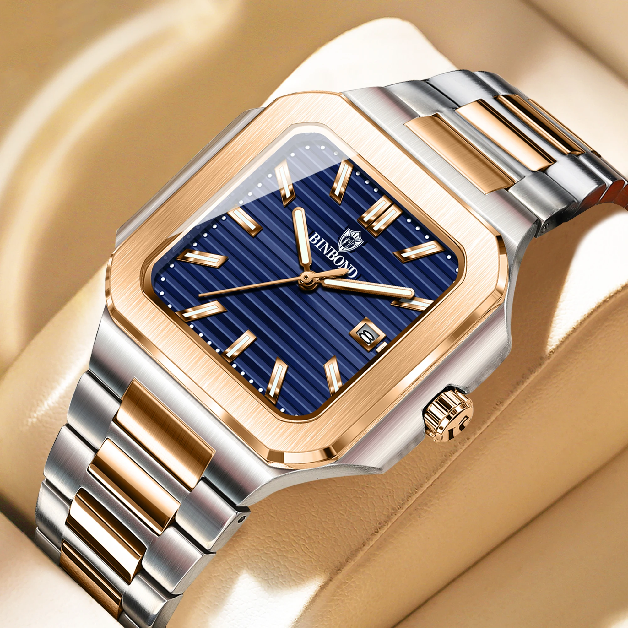 

Роскошные мужские квадратные кварцевые часы BINBOND, водонепроницаемые светящиеся часы из нержавеющей стали с датой, мужские повседневные часы, идеальный подарок